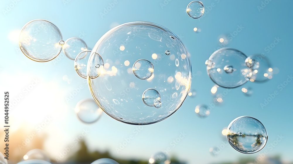 Leinwandbilder transparent and shimmering water bubbles floating gently against a soft blue gradient background cre