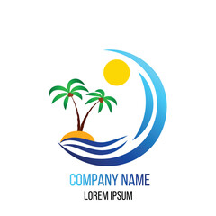Naklejka premium Tropical Island Icon Template with Sunshine and Palms. Exotic locations and holiday trip concept vector art