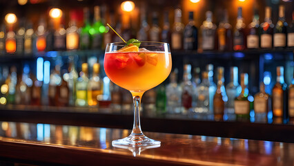 Cocktail on the bar counter in a nightclub. Closeup