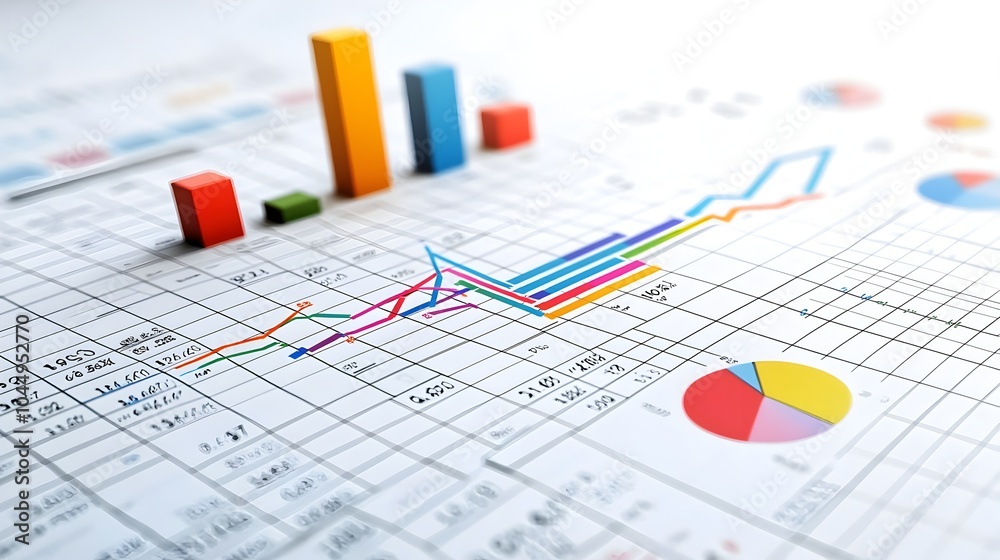 Poster Detailed data visualization featuring a complex graph with colorful intersecting line charts and a bar chart set against a grid backdrop to showcase comprehensive data analysis and strategic insights