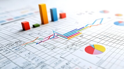 Detailed data visualization featuring a complex graph with colorful intersecting line charts and a bar chart set against a grid backdrop to showcase comprehensive data analysis and strategic insights