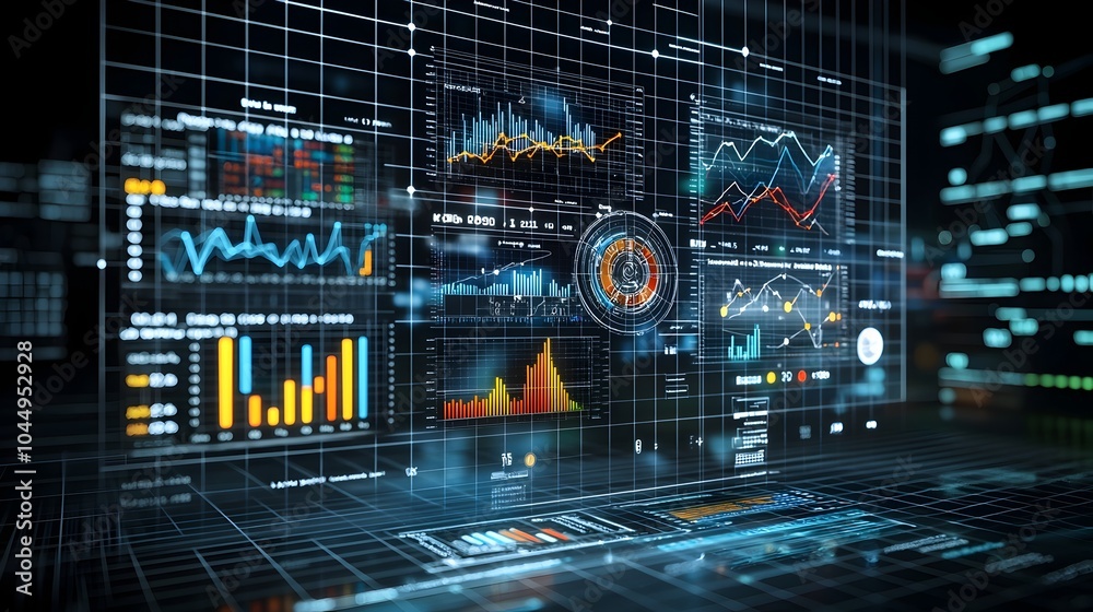 Poster Captivating data visualization featuring a vibrant graph with multiple dynamic line charts overlaid on a bar chart set against a grid background showcasing complex data analysis and emerging trends