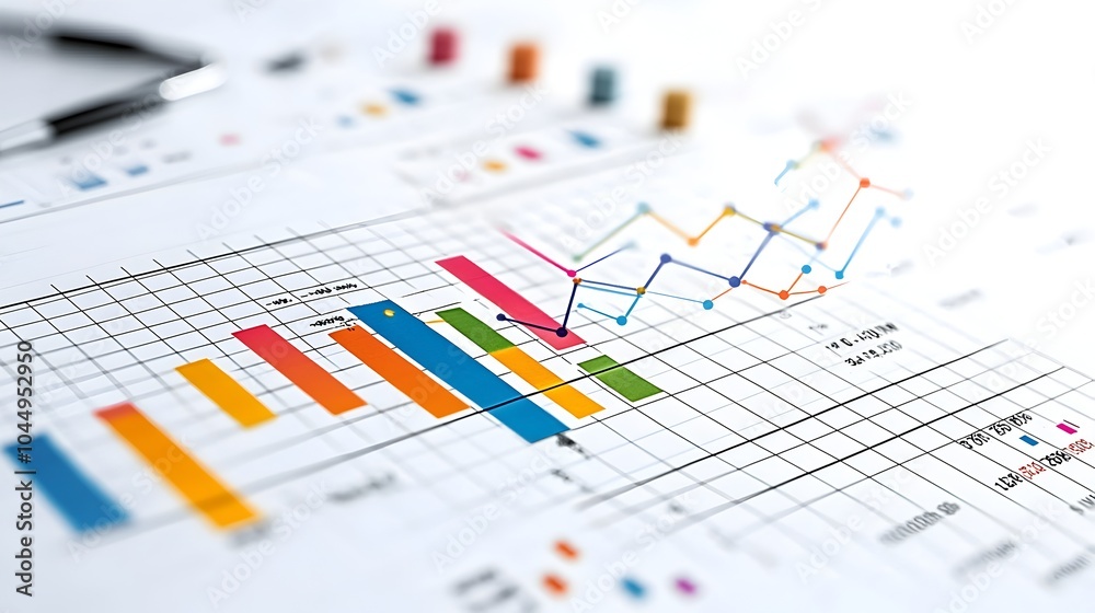 Poster Detailed and Colorful Data Visualization with Intersecting Line and Bar Charts Highlighting Intricate Data Analysis and Insights