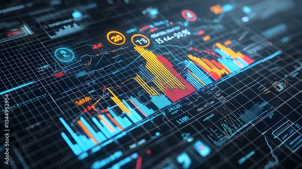 Poster Vibrant and dynamic data visualization with multiple overlaying line charts and bar charts set against a grid background representing complex data analysis and business or financial trends