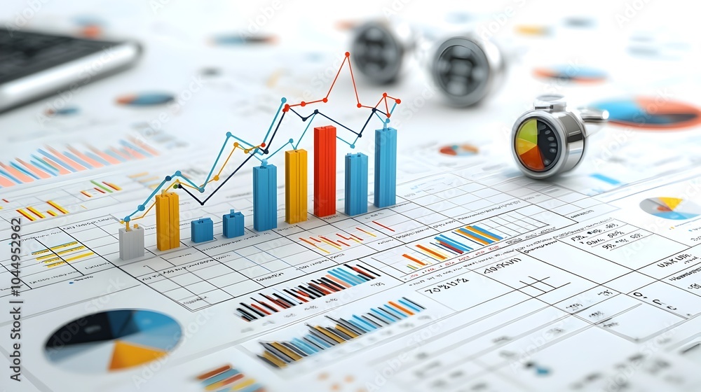 Leinwandbilder Vibrant data visualization with overlapping line charts and bar graphs set against a structured grid creating a detailed digital for analytics statistics and business reporting