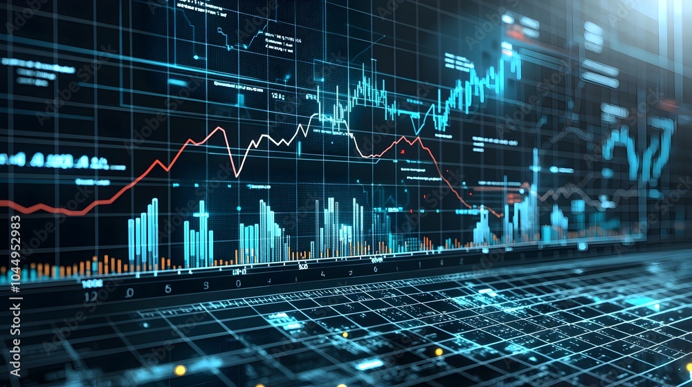 Aufkleber Vibrant data visualization with overlapping line charts bar charts and other dynamic elements set against a modern grid background representing complex data analysis and business trends