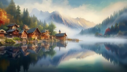 Fototapeta premium Tranquil mountain lake reflecting colorful autumn foliage and wooden houses in the alps