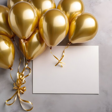 Golden balloons with blank cardle background. Flat lay, top view