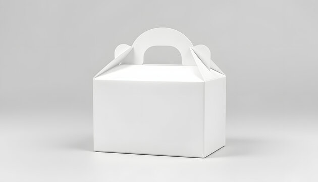 White mockup small blank paper pastry candy box with handle in grey background isolated with white highlights, png