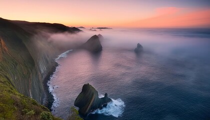 Obraz premium Fog rolling over rugged coastline at sunset