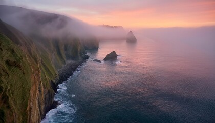Fototapeta premium Fog rolling over dramatic coastline at sunset