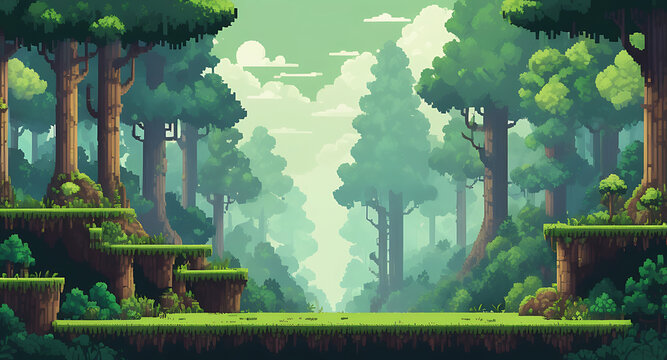 Pixelated 8-bit style forest background with layered trees, bushes, and platforms for game asset
