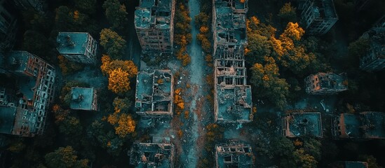 Fototapeta premium Aerial view of a ruined city street with overgrown trees.