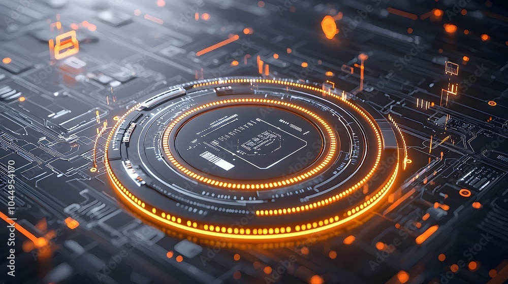 Poster Futuristic 3D rendered tech circle with neon lights and digital elements glowing on a dark background symbolizing the power of big data digital transformation and technological innovation
