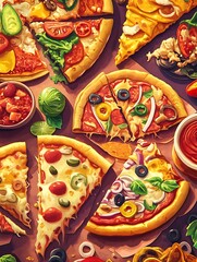 Fototapeta premium Whimsical pizza paradise a colorful cartoon-style feast of deliciously presented slices that ignite your imagination