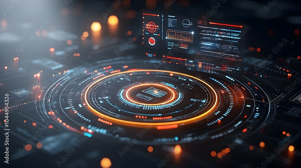 Poster Captivating abstract digital technology composition featuring smooth flowing circles with neon data points