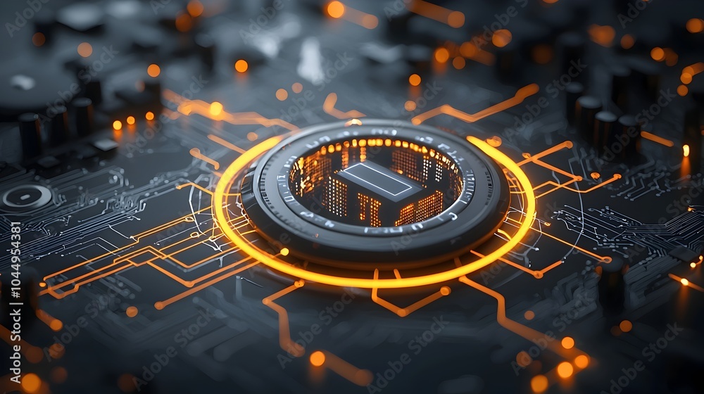 Poster Futuristic 3D tech circle with glowing digital connections and data flows set on a dark backdrop representing the future of big data and tech innovation