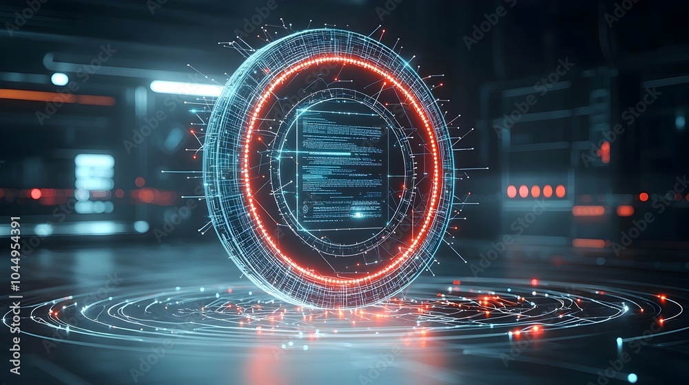 Poster Radiant 3D Tech Circle with Flowing Digital Connections Representing the Future of Big Intelligence and Innovative Digital Technologies