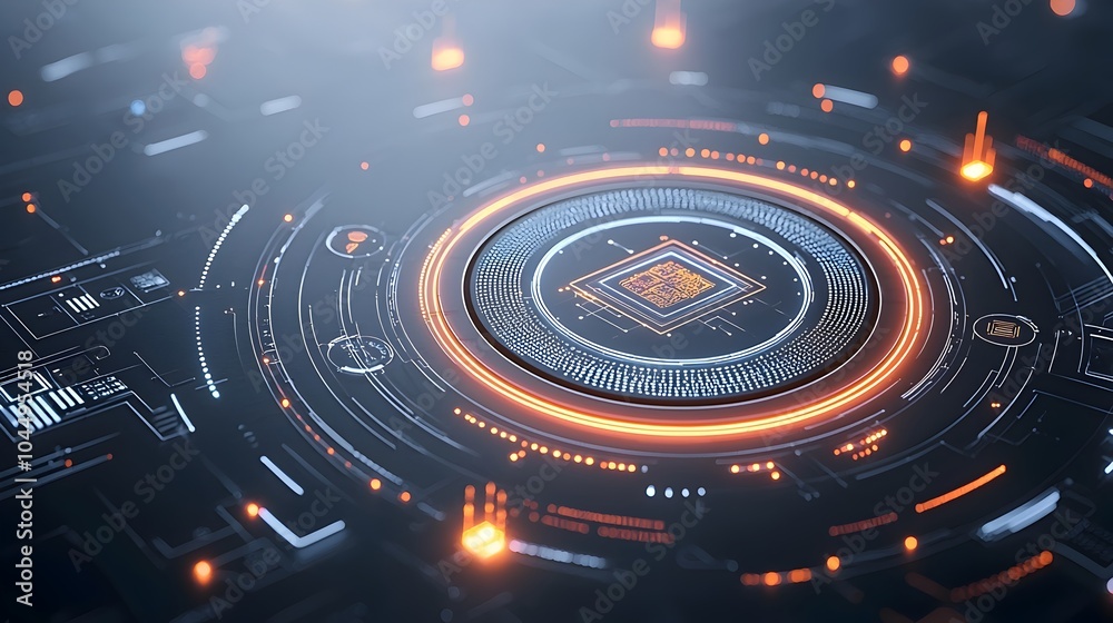 Poster Sleek 3D rendered tech circle with glowing digital elements layered on a dark backdrop representing big data processing and cutting edge technological innovation