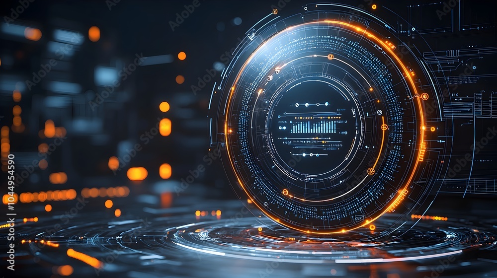 Aufkleber Futuristic digital circle with dynamic data points and glowing lines placed on a dark background showcasing advanced technology and big data visualization concepts in a sleek minimalist 3D design