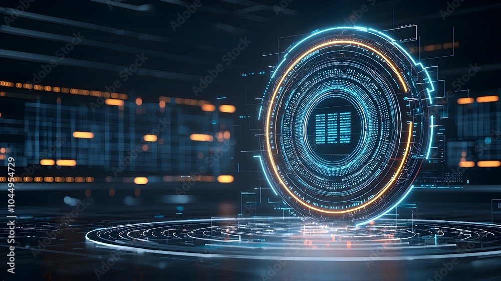 Poster Floating 3D digital neon circle with tech elements against a dark background representing advanced technology big data and digital transformation concepts  This abstract futuristic has a sleek