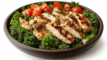 Kale salad with grilled chicken with olive oil dressing healthy food isolated on white background