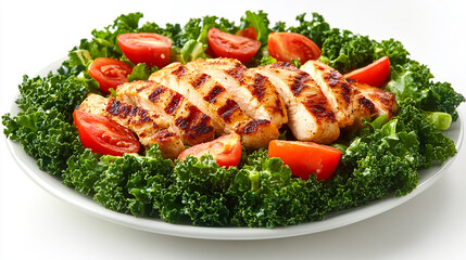 Kale salad with grilled chicken with olive oil dressing healthy food isolated on white background