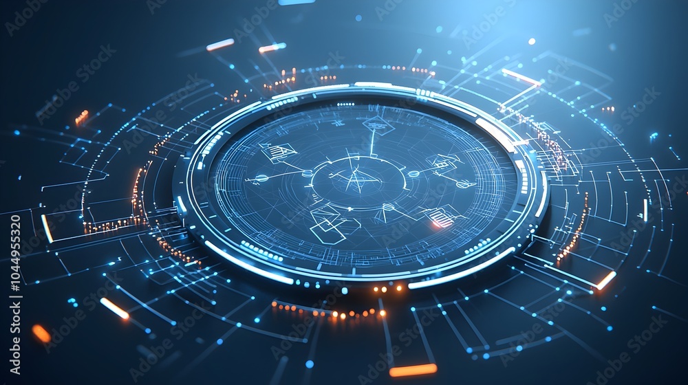 Poster Digitally rendered 3D polygonal circle with abstract geometric shapes and tech inspired connections symbolizing the complex world of big data and advanced technology