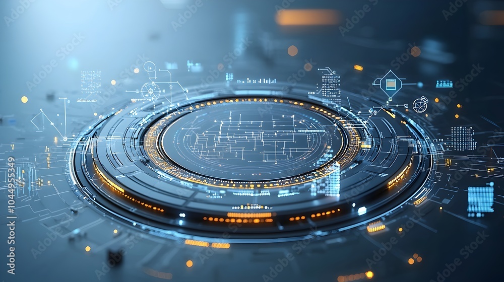 Poster A 3D rendered polygonal circle with abstract geometric shapes and tech inspired connections symbolizing the interconnectedness of big data and futuristic technology