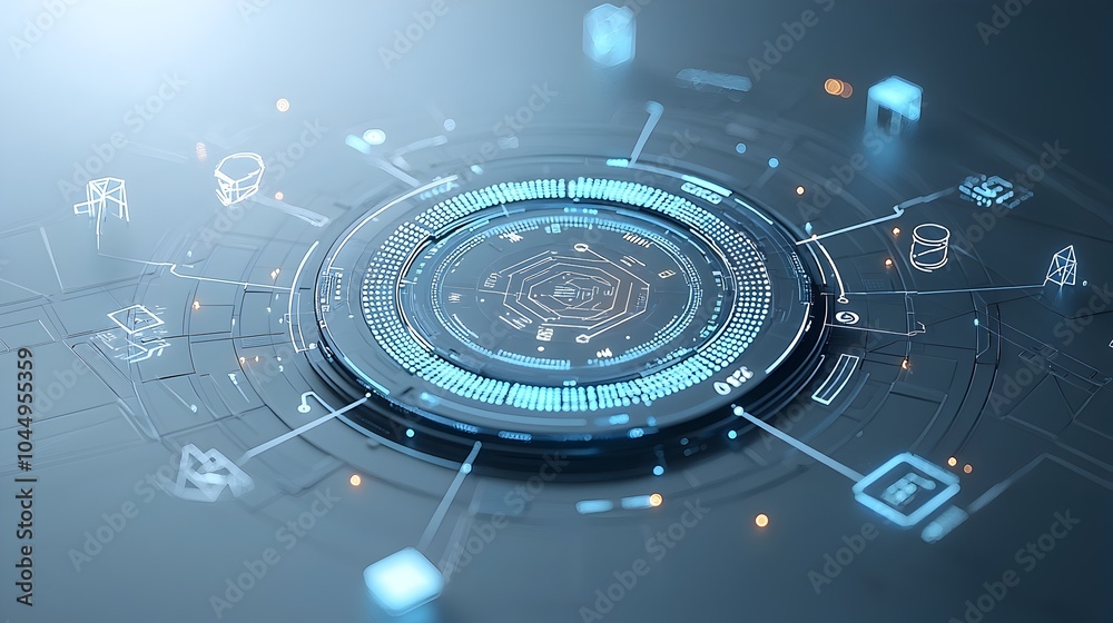 Poster Polygonal Data Nexus A futuristic 3D rendered abstract geometric composition with interconnected shapes lines and tech inspired elements