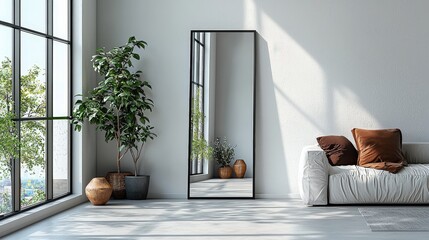 A modern black metal-framed mirror standing tall against a white backdrop, capturing reflections and adding depth to a contemporary living environment.