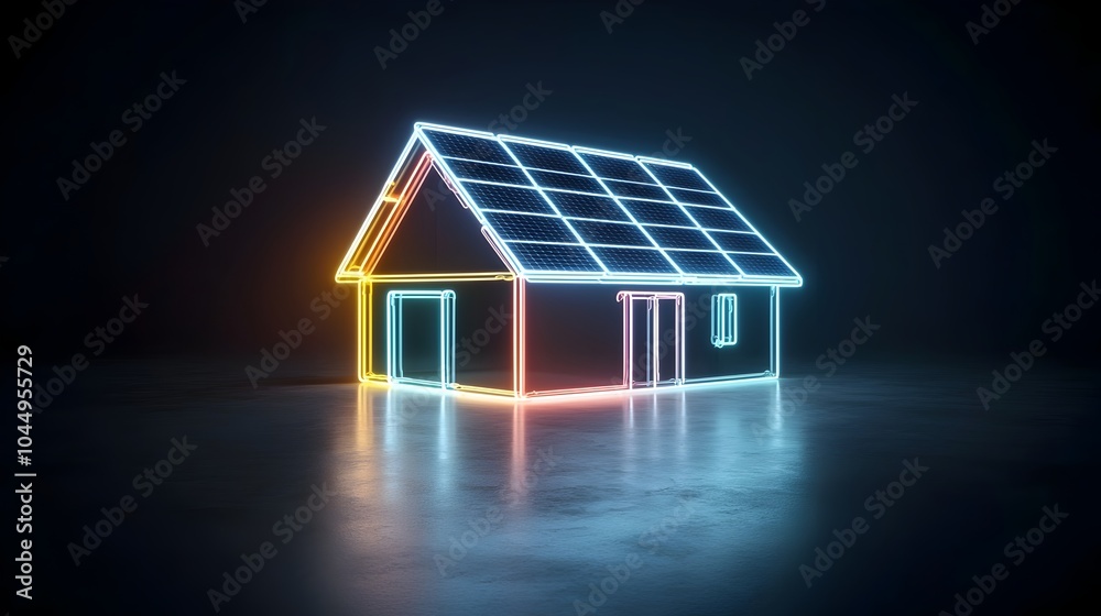 Aufkleber futuristic and vibrant neon house with solar panels glowing on a dark backdrop showcasing renewable 
