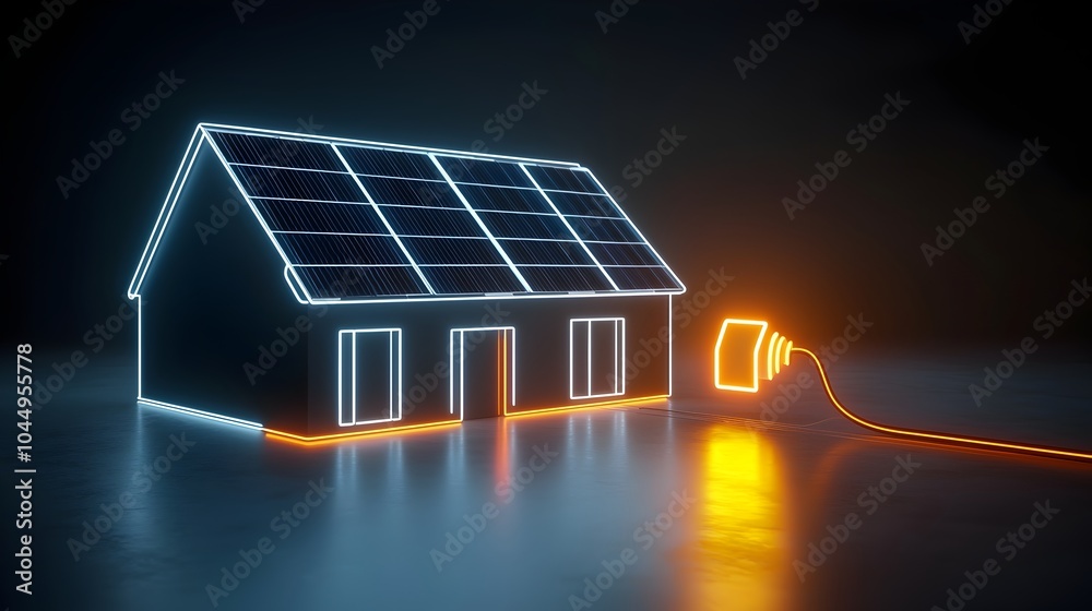 Poster bright neon house with solar panels generating clean renewable electricity featuring a glowing plug 