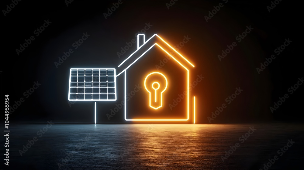 Poster neon solar panel icon on house generating glowing electricity plug symbol on a black background repr