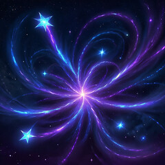 Fototapeta premium A mesmerizing cosmic scene with a central starburst radiating blue and purple light, surrounded by swirling galaxies and twinkling stars.