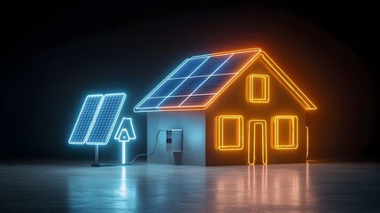 Futuristic neon house with solar panels and glowing plug icon showcasing a renewable energy concept for a sustainable and modern home of the future