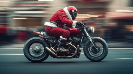 Fototapeta premium Cool Santa Claus biker riding a fast motorcycle, unconventional Christmas concept