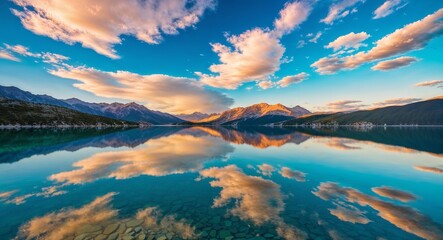 Crystal clear lake reflecting a fantasy sky background serene lake with a shimmering surface reflecting fantastical clouds and colors