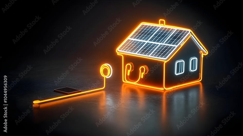 Poster glowing neon icon of a house with solar panels and a power plug on a dark background symbolizing ren