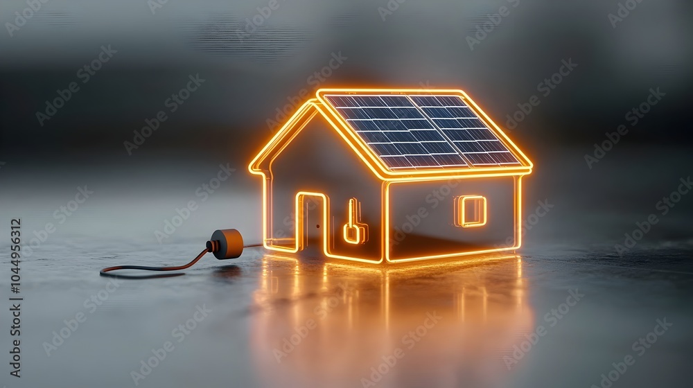 Aufkleber vibrant solar powered neon house icon with glowing roof panels and a plug set against a dark backgro