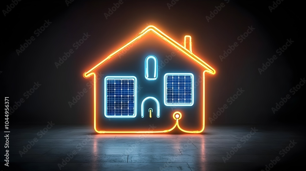 Poster neon icon of a modern house with solar panels and a plug glowing on a black background to represent 