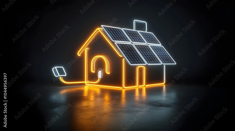 Poster neon icon of a house with solar panels and a plug glowing on a black background to represent renewab