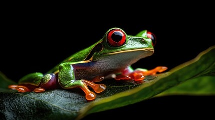 Fototapeta premium Red-eyed tree frog on a leaf, black background