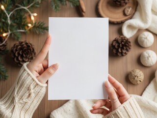 blank christmas card mockup held by woman hands with in cozy cream knitted sleeves, set against a blurred background with christmas holiday decor, evoking a cozy, festive atmosphere. Paper card mockup