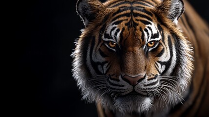 Obraz premium A close-up portrait of a tiger with intense eyes against a black background.