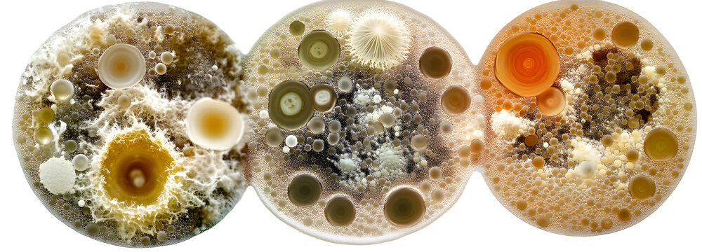 Microscopic mold and yeast under microscopic view collage over isolated transparent background