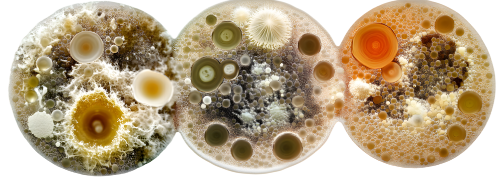 Microscopic mold and yeast under microscopic view collage over isolated transparent background