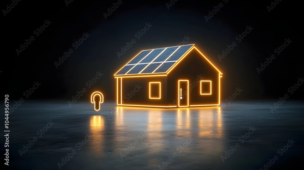 Poster glowing neon house with solar panels and a plug icon symbolizing the concept of renewable and sustai