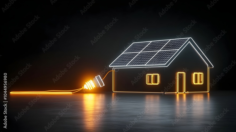 Poster neon illuminated house with solar panels generating renewable electricity depicted with a glowing pl