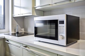 Fototapeta premium Sleek white black microwave in contemporary kitchen